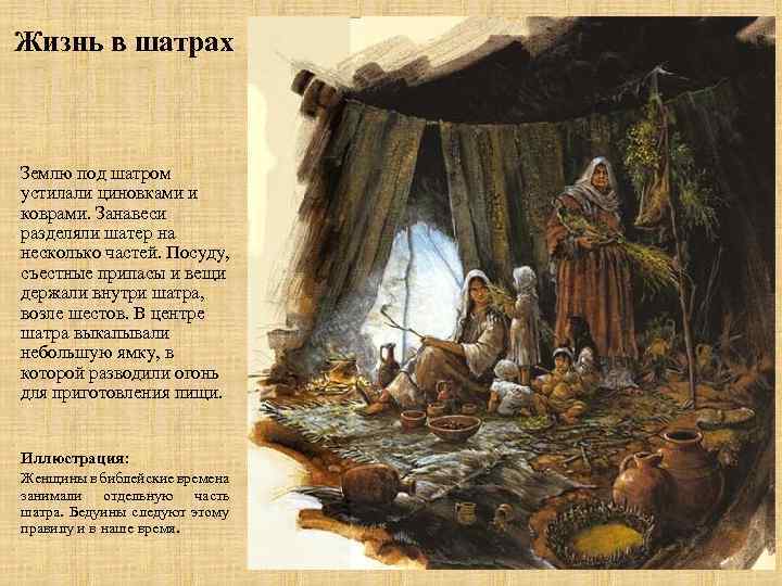Жизнь в шатрах Землю под шатром устилали циновками и коврами. Занавеси разделяли шатер на
