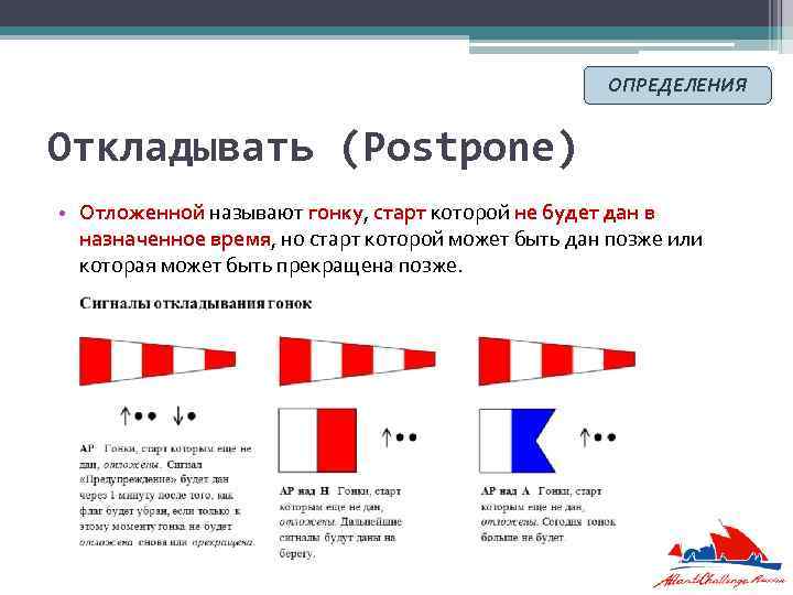 ОПРЕДЕЛЕНИЯ Откладывать (Postpone) • Отложенной называют гонку, старт которой не будет дан в назначенное