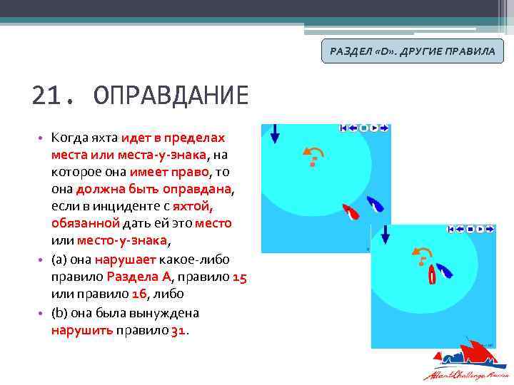 РАЗДЕЛ «D» . ДРУГИЕ ПРАВИЛА 21. ОПРАВДАНИЕ • Когда яхта идет в пределах места