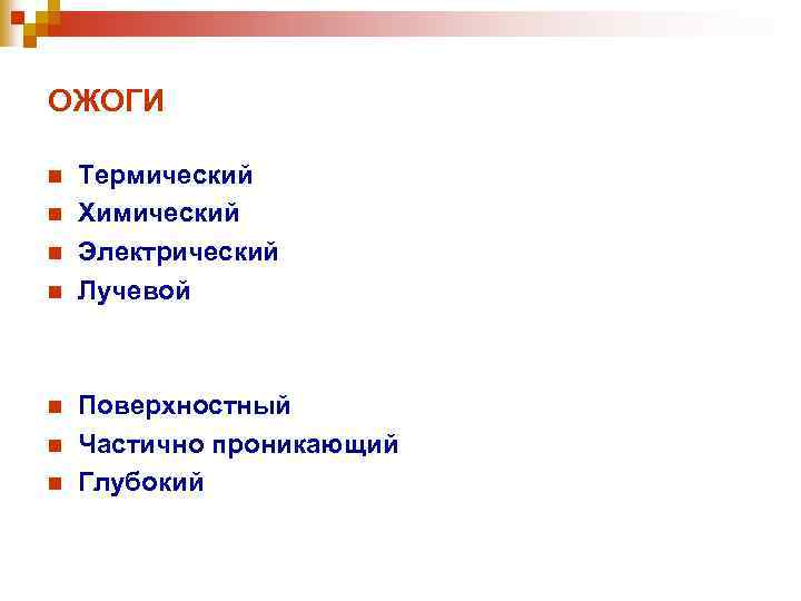 ОЖОГИ n n n n Термический Химический Электрический Лучевой Поверхностный Частично проникающий Глубокий 