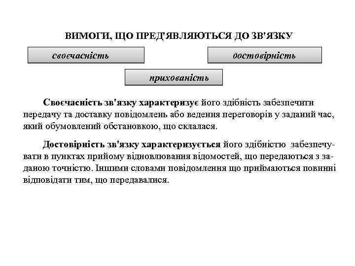 ВИМОГИ, ЩО ПРЕД'ЯВЛЯЮТЬСЯ ДО ЗВ'ЯЗКУ достовірність своєчасність прихованість Своєчасність зв'язку характеризує його здібність забезпечити