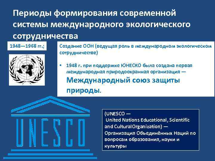 Периоды формирования современной системы международного экологического сотрудничества 1948— 1968 гг. ; Создание ООН (ведущая