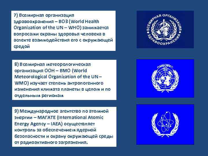 7) Всемирная организация здравоохранения – ВОЗ (World Health Organization of the UN – WHO)