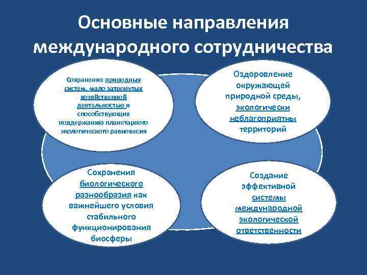Основные направления международного сотрудничества Сохранение природных систем, мало затронутых хозяйственной деятельностью и способствующих поддержанию