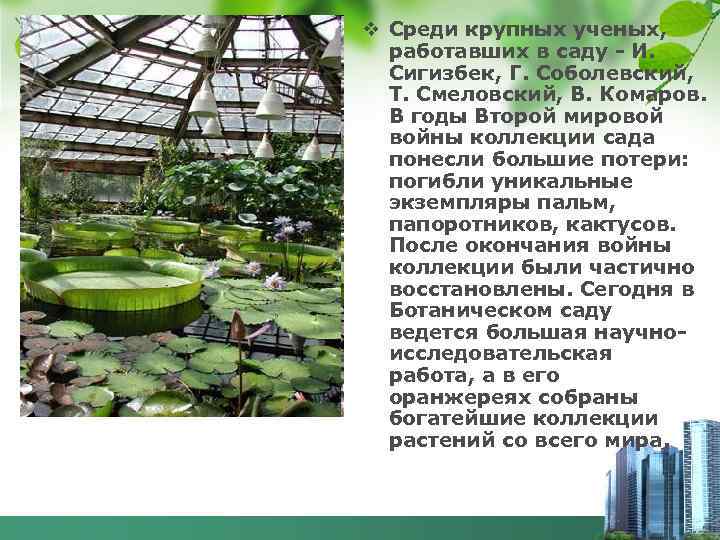 v Среди крупных ученых, работавших в саду - И. Сигизбек, Г. Соболевский, Т. Смеловский,