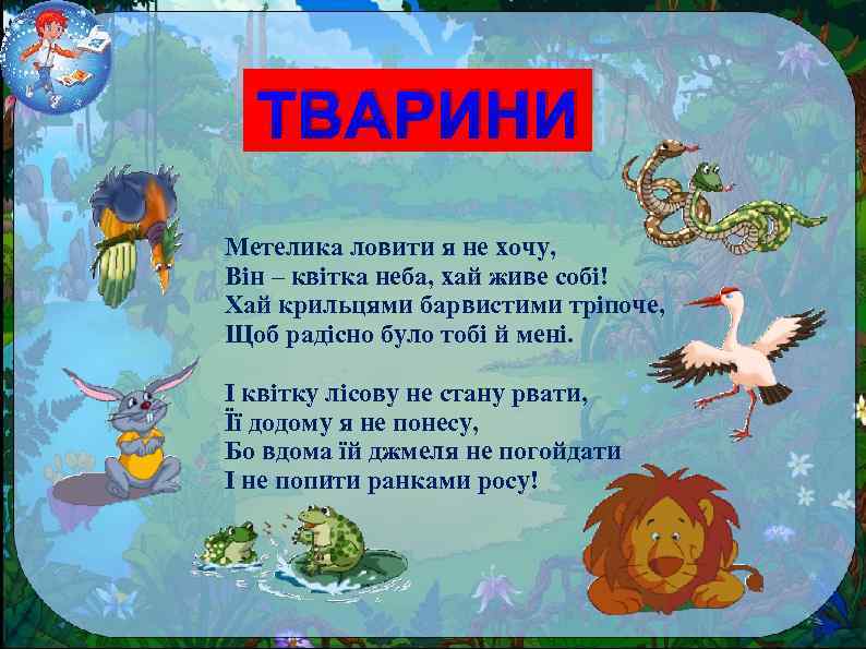 ТВАРИНИ Метелика ловити я не хочу, Він – квітка неба, хай живе собі! Хай