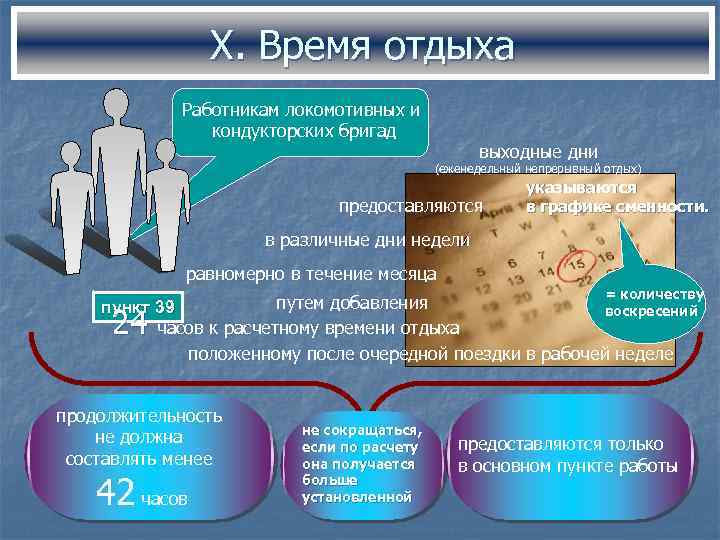 X. Время отдыха Работникам локомотивных и кондукторских бригад выходные дни (еженедельный непрерывный отдых) предоставляются