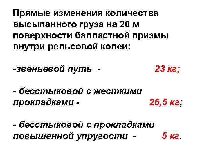 Прямые изменения количества высыпанного груза на 20 м поверхности балластной призмы внутри рельсовой колеи: