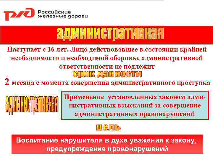 Наступает с 16 лет. Лицо действовавшее в состоянии крайней необходимости и необходимой обороны, административной