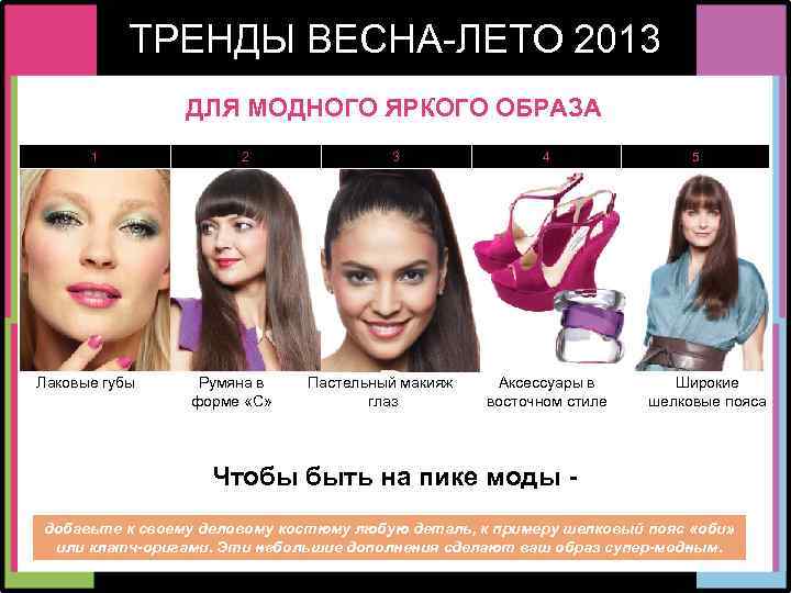 ТРЕНДЫ ВЕСНА-ЛЕТО 2013 ДЛЯ МОДНОГО ЯРКОГО ОБРАЗА 1 Лаковые губы 2 Румяна в форме