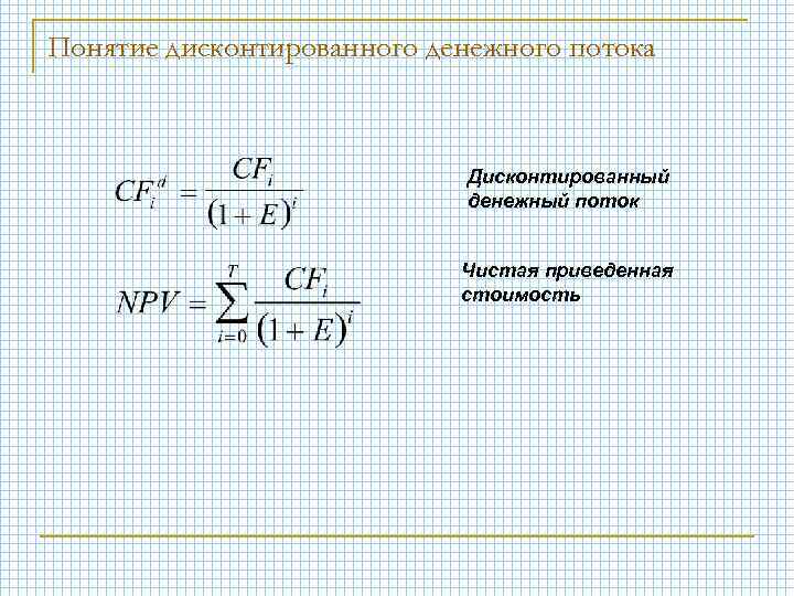 Понятие дисконтированного денежного потока Дисконтированный денежный поток Чистая приведенная стоимость 