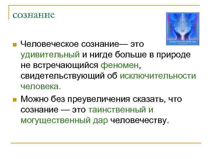 сознание n n Человеческое сознание— это удивительный и нигде больше в природе не встречающийся