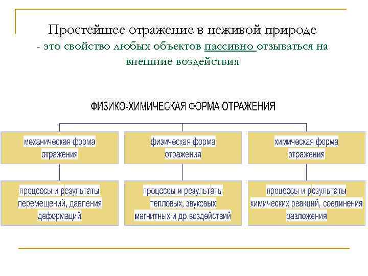 Простейшее отражение в неживой природе - это свойство любых объектов пассивно отзываться на внешние