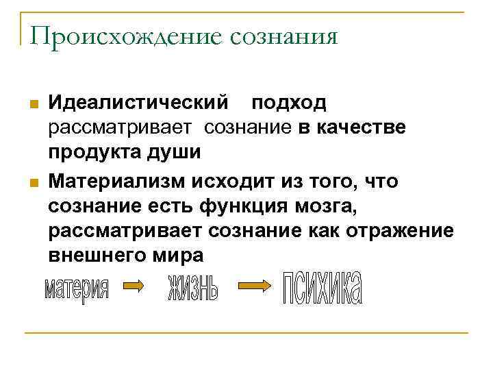 Происхождение сознания n n Идеалистический подход рассматривает сознание в качестве продукта души Материализм исходит