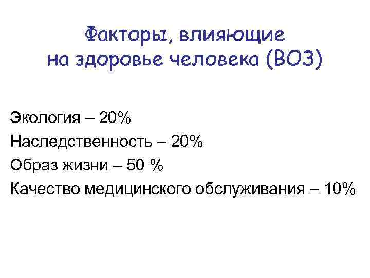 Факторы, влияющие на здоровье человека (ВОЗ) Экология – 20% Наследственность – 20% Образ жизни