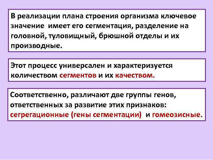 В реализации плана строения организма ключевое значение имеет его сегментация, разделение на головной, туловищный,