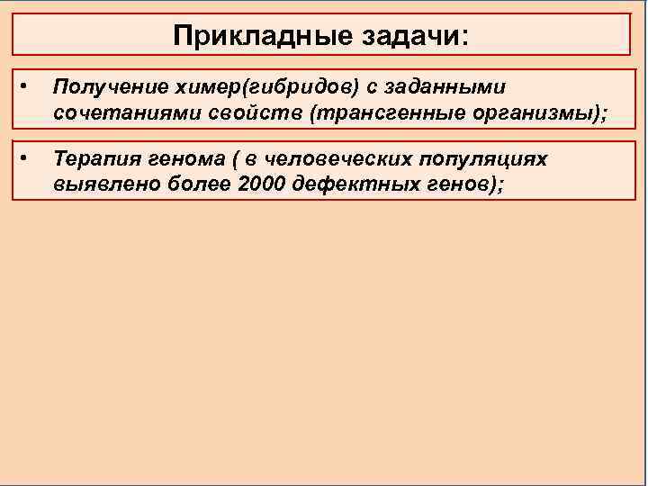 Прикладные задачи: • Получение химер(гибридов) с заданными сочетаниями свойств (трансгенные организмы); • Терапия генома