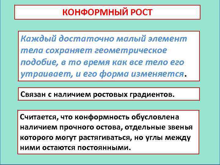 КОНФОРМНЫЙ РОСТ Каждый достаточно малый элемент тела сохраняет геометрическое подобие, в то время как