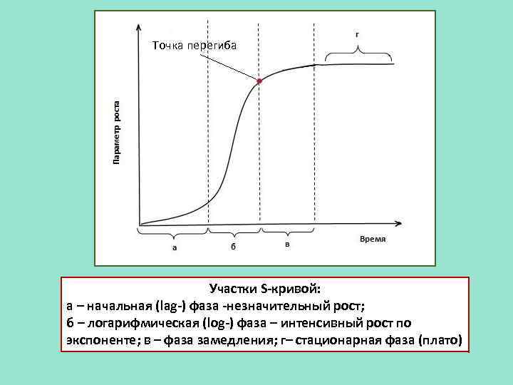 Точка перегиба Участки S-кривой: а – начальная (lag-) фаза -незначительный рост; б – логарифмическая