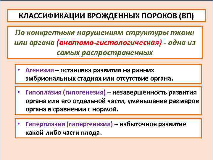 КЛАССИФИКАЦИИ ВРОЖДЕННЫХ ПОРОКОВ (ВП) По конкретным нарушениям структуры ткани или органа (анатомо-гистологическая) - одна