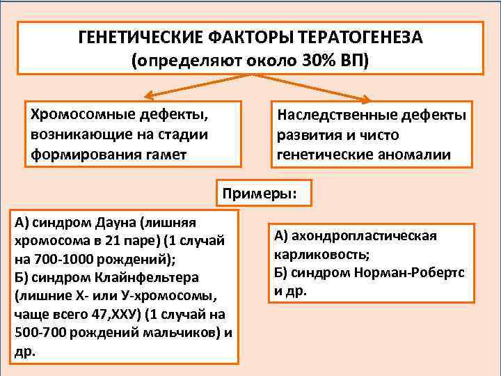 ГЕНЕТИЧЕСКИЕ ФАКТОРЫ ТЕРАТОГЕНЕЗА (определяют около 30% ВП) Хромосомные дефекты, возникающие на стадии формирования гамет