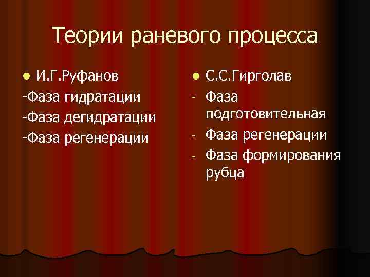Теории раневого процесса И. Г. Руфанов -Фаза гидратации -Фаза дегидратации -Фаза регенерации l l
