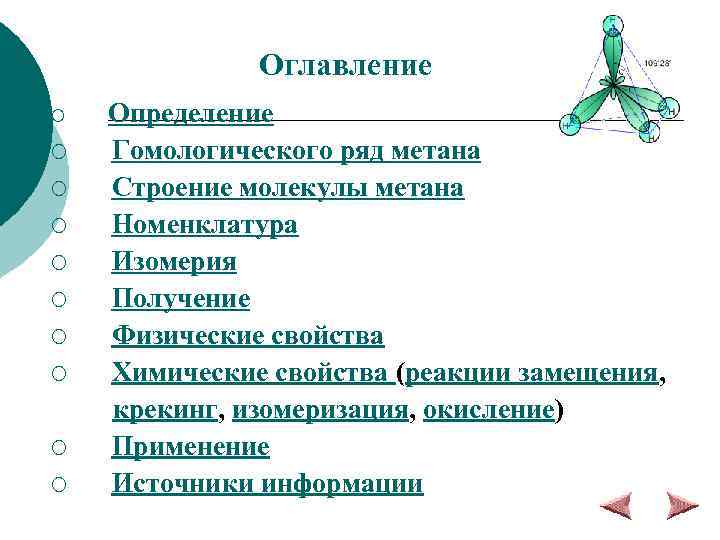 Оглавление ¡ Определение Гомологического ряд метана ¡ Строение молекулы метана ¡ Номенклатура ¡ Изомерия