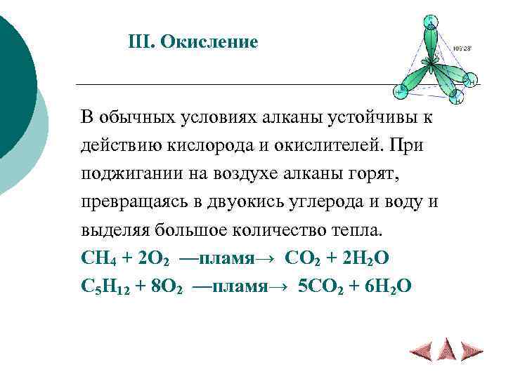 III. Окисление В обычных условиях алканы устойчивы к действию кислорода и окислителей. При поджигании