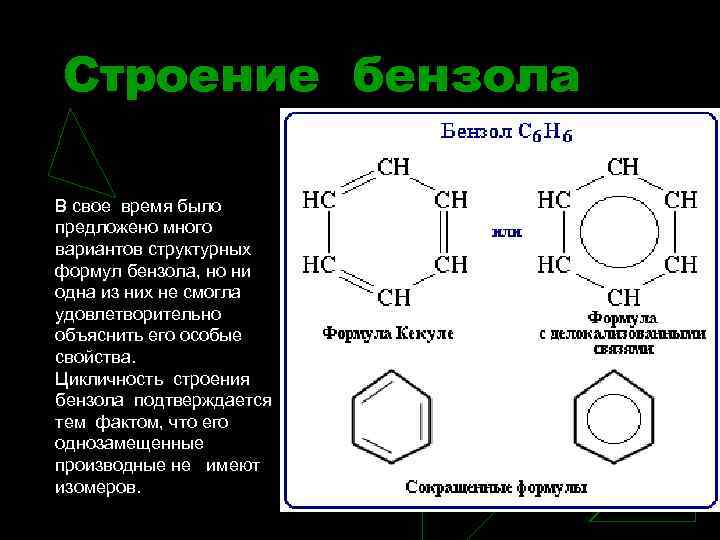 Строение бензола В свое время было предложено много вариантов структурных формул бензола, но ни