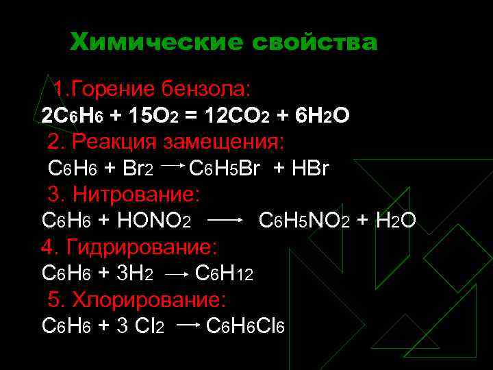 Химические свойства 1. Горение бензола: 2 С 6 Н 6 + 15 О 2