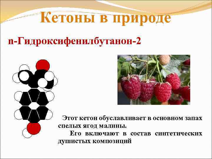 Кетоны в природе n-Гидроксифенилбутанон-2 Этот кетон обуславливает в основном запах спелых ягод малины. Его