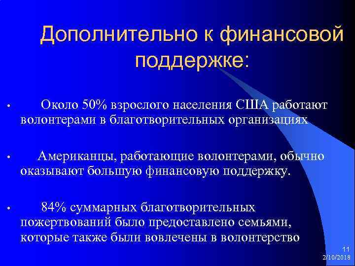 Дополнительно к финансовой поддержке: • Около 50% взрослого населения США работают волонтерами в благотворительных