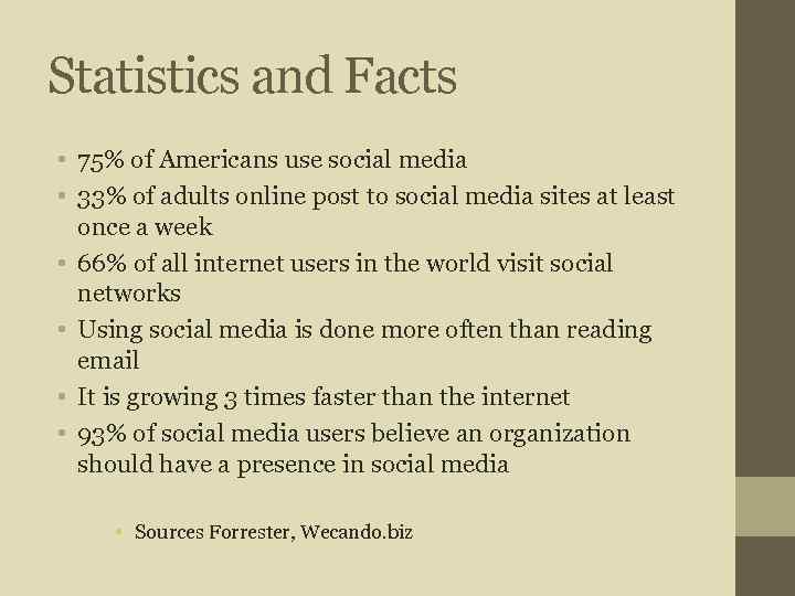 Statistics and Facts • 75% of Americans use social media • 33% of adults
