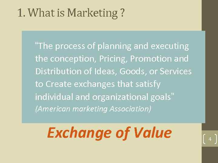 1. What is Marketing ? “The process of planning and executing the conception, Pricing,