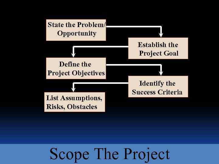 State the Problem/ Opportunity Establish the Project Goal Define the Project Objectives List Assumptions,