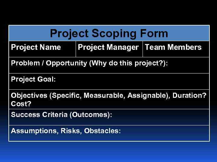 Project Scoping Form Project Name Project Manager Team Members Problem / Opportunity (Why do