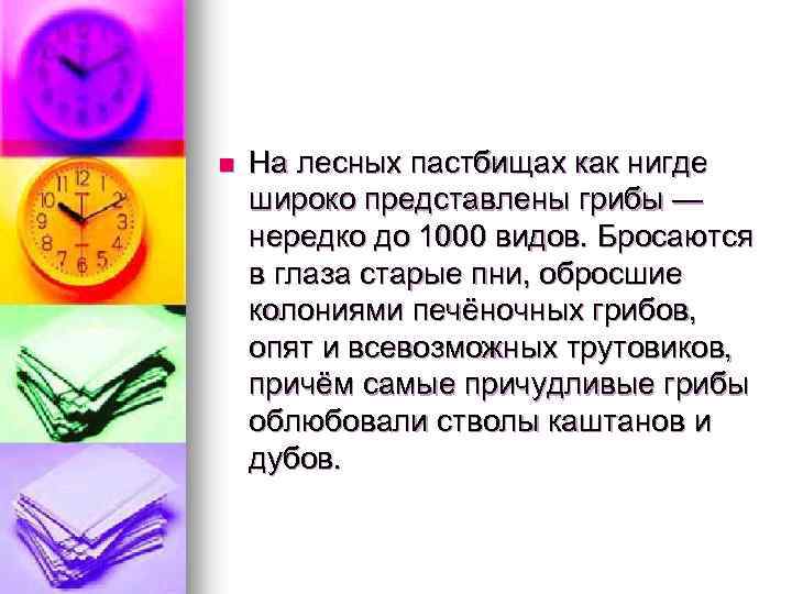 n На лесных пастбищах как нигде широко представлены грибы — нередко до 1000 видов.