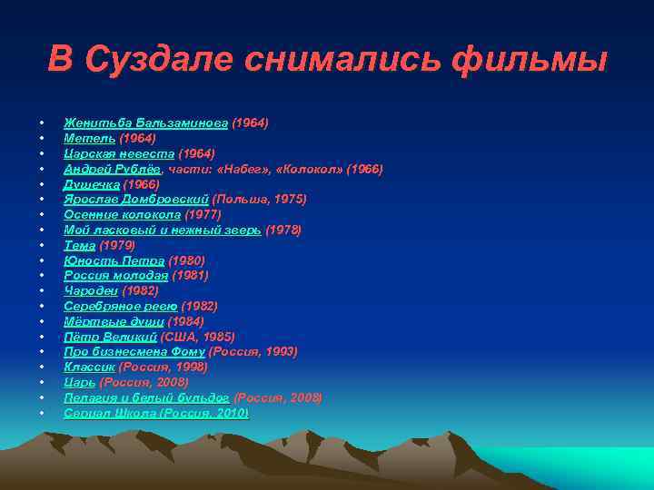 В Суздале снимались фильмы • • • • • Женитьба Бальзаминова (1964) Метель (1964)