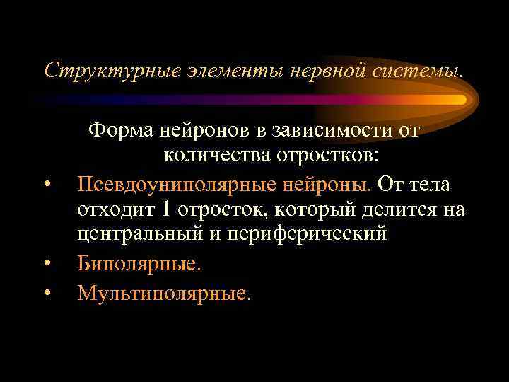 Структурные элементы нервной системы. • • • Форма нейронов в зависимости от количества отростков: