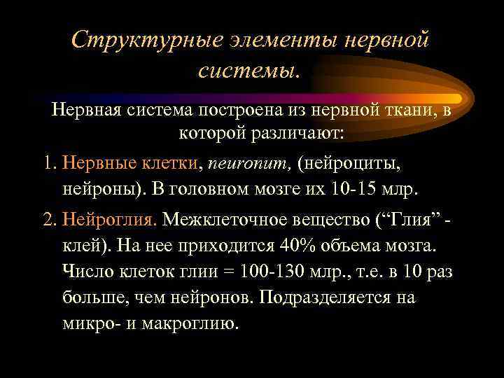 Структурные элементы нервной системы. Нервная система построена из нервной ткани, в которой различают: 1.
