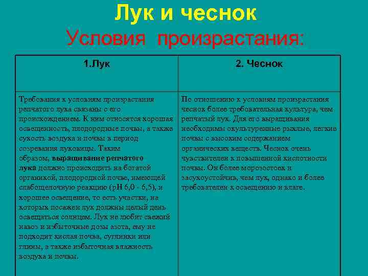 Лук и чеснок Условия произрастания: 1. Лук 2. Чеснок Требования к условиям произрастания репчатого