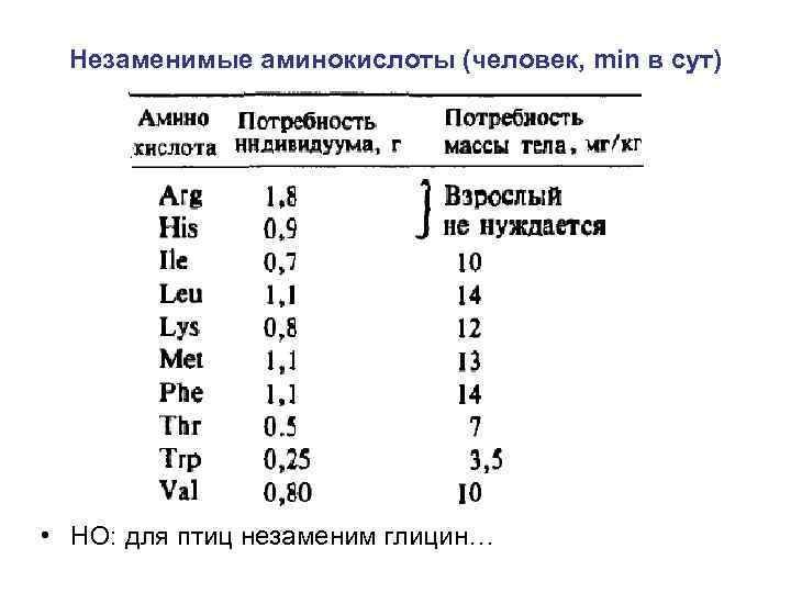 Незаменимые аминокислоты (человек, min в сут) • НО: для птиц незаменим глицин… 