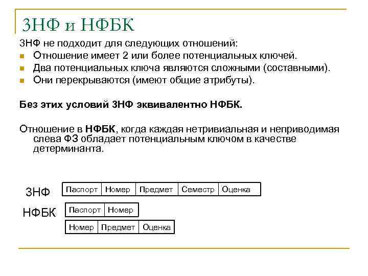 3 НФ и НФБК 3 НФ не подходит для следующих отношений: n Отношение имеет