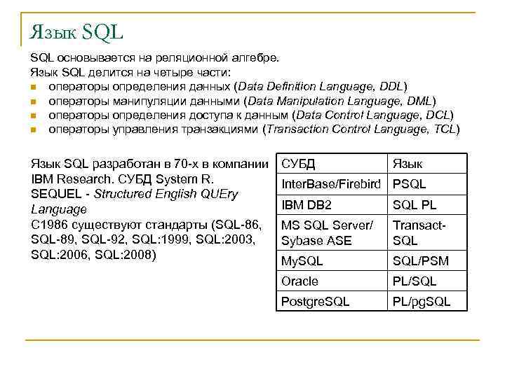 Язык SQL основывается на реляционной алгебре. Язык SQL делится на четыре части: n операторы