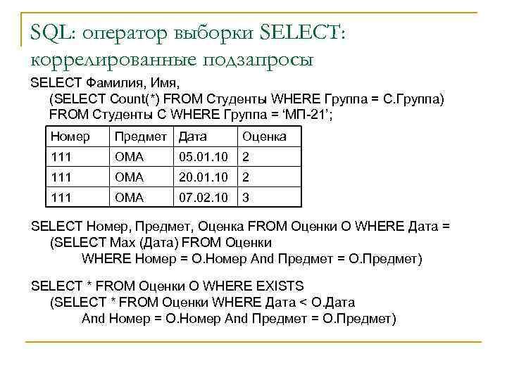 SQL: оператор выборки SELECT: коррелированные подзапросы SELECT Фамилия, Имя, (SELECT Count(*) FROM Студенты WHERE