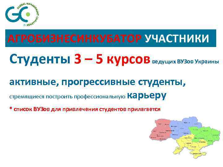 АГРОБИЗНЕСИНКУБАТОР УЧАСТНИКИ Студенты 3 – 5 курсов ведущих ВУЗов Украины активные, прогрессивные студенты, стремящиеся