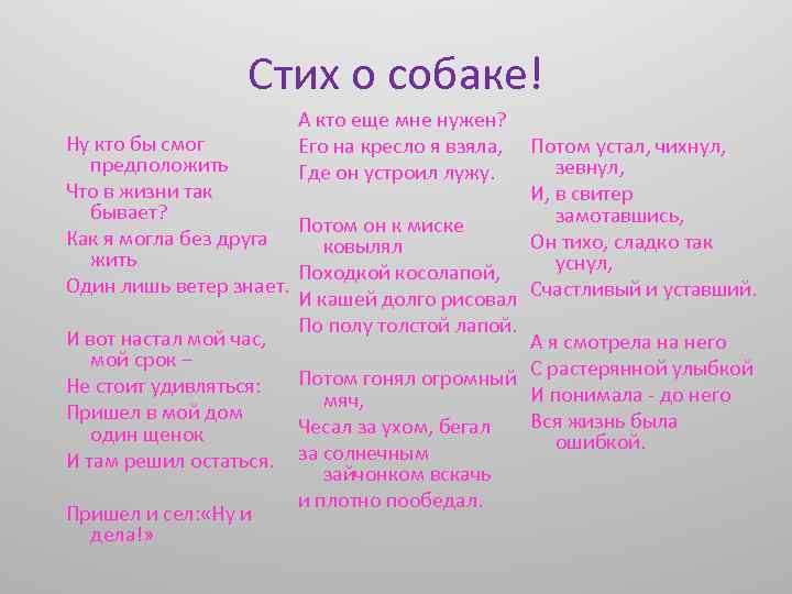 Стих о собаке! А кто еще мне нужен? Его на кресло я взяла, Где