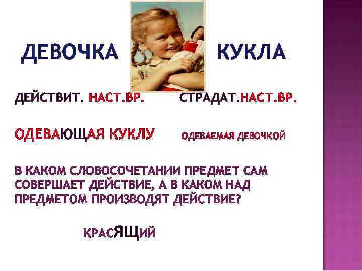 ДЕВОЧКА КУКЛА ДЕЙСТВИТ. НАСТ. ВР. СТРАДАТ. НАСТ. ВР. ОДЕВАЮЩАЯ КУКЛУ ОДЕВАЕМАЯ ДЕВОЧКОЙ В КАКОМ
