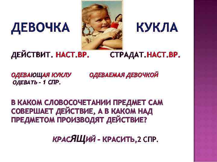 ДЕВОЧКА КУКЛА ДЕЙСТВИТ. НАСТ. ВР. ОДЕВАЮЩАЯ КУКЛУ ОДЕВАТЬ – 1 СПР. СТРАДАТ. НАСТ. ВР.