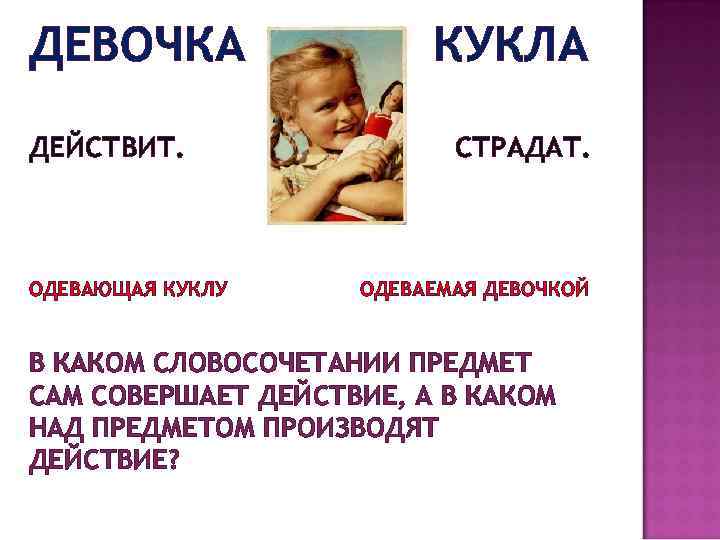 ДЕВОЧКА ДЕЙСТВИТ. ОДЕВАЮЩАЯ КУКЛУ КУКЛА СТРАДАТ. ОДЕВАЕМАЯ ДЕВОЧКОЙ В КАКОМ СЛОВОСОЧЕТАНИИ ПРЕДМЕТ САМ СОВЕРШАЕТ